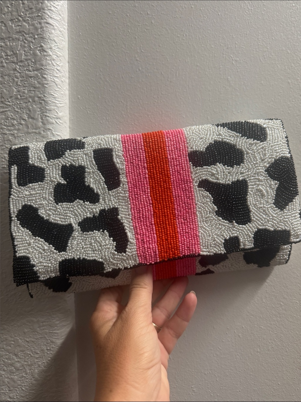 Beaded Cow Print Clutch with Pink & Red Stripe